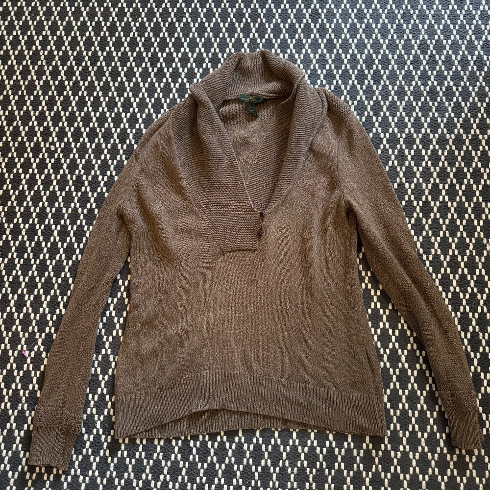 Vintage LRL Ralph Lauren Jean Co Sweater Womens L Brown Shawl Collar Pullover Co